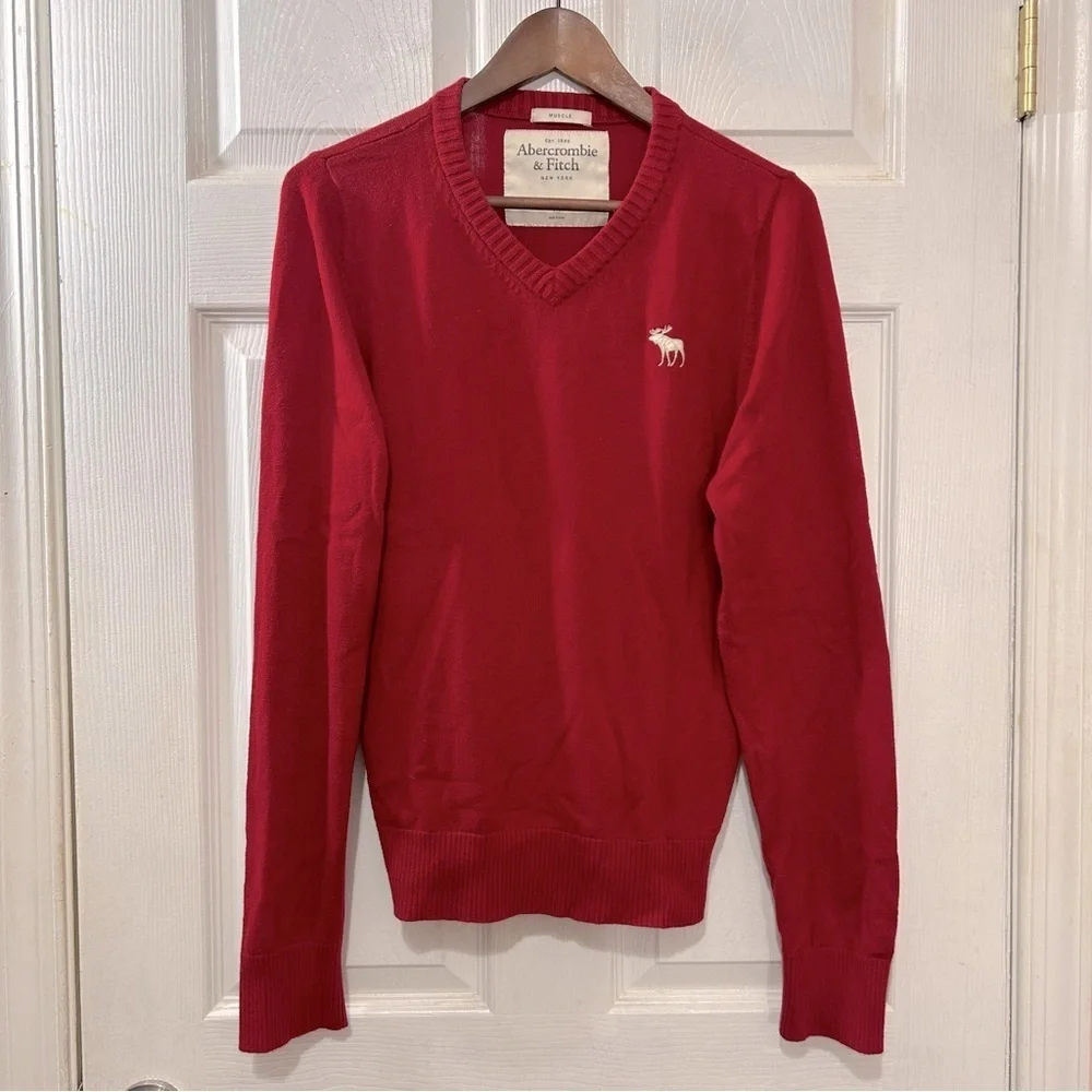 Abercrombie & Fitch V-Neck Sweater Men's Cotton Wool Cashmere Red White Medium